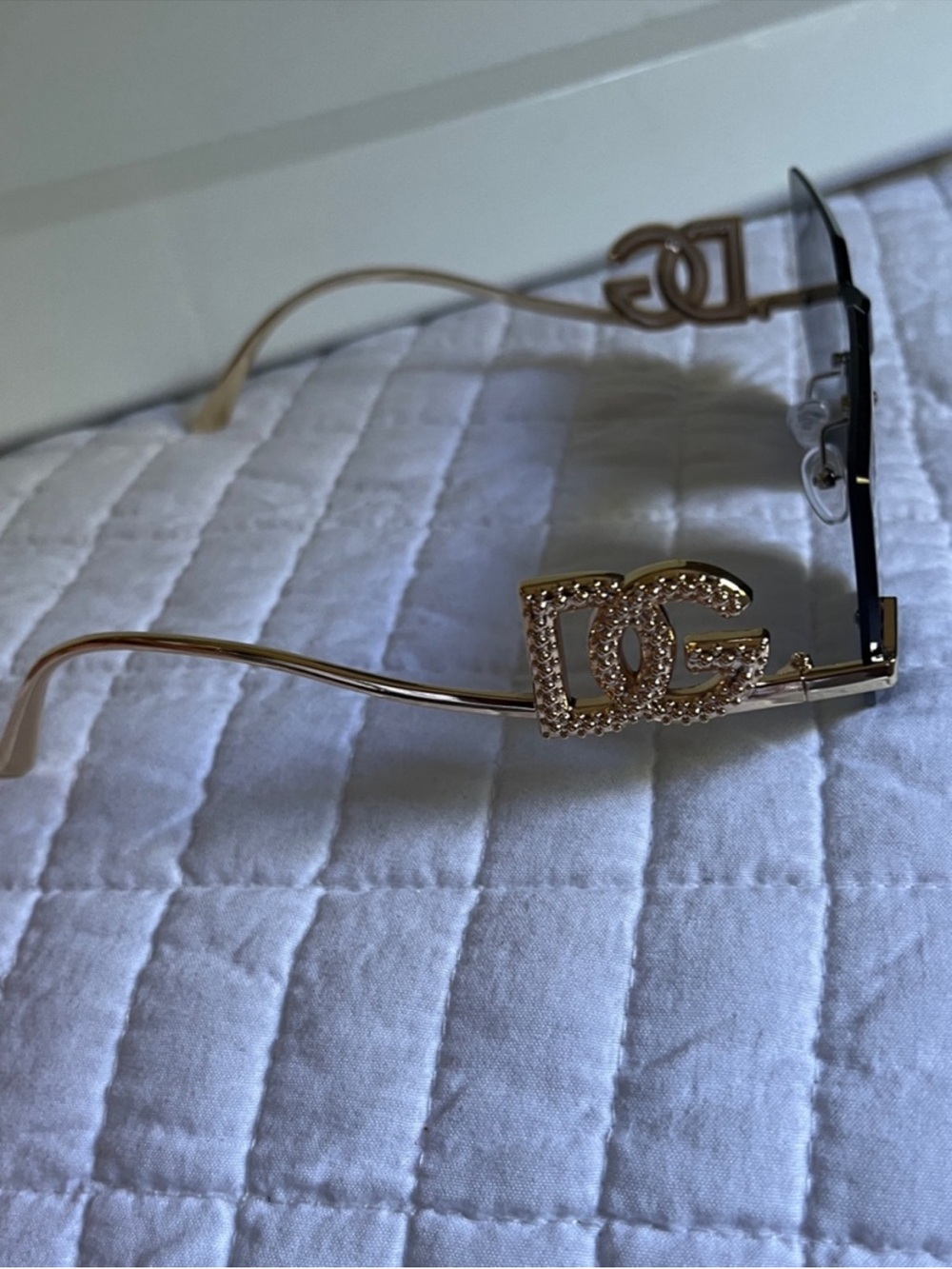 Gold Rhinestone Logo Rimless Women's Sunglasses
